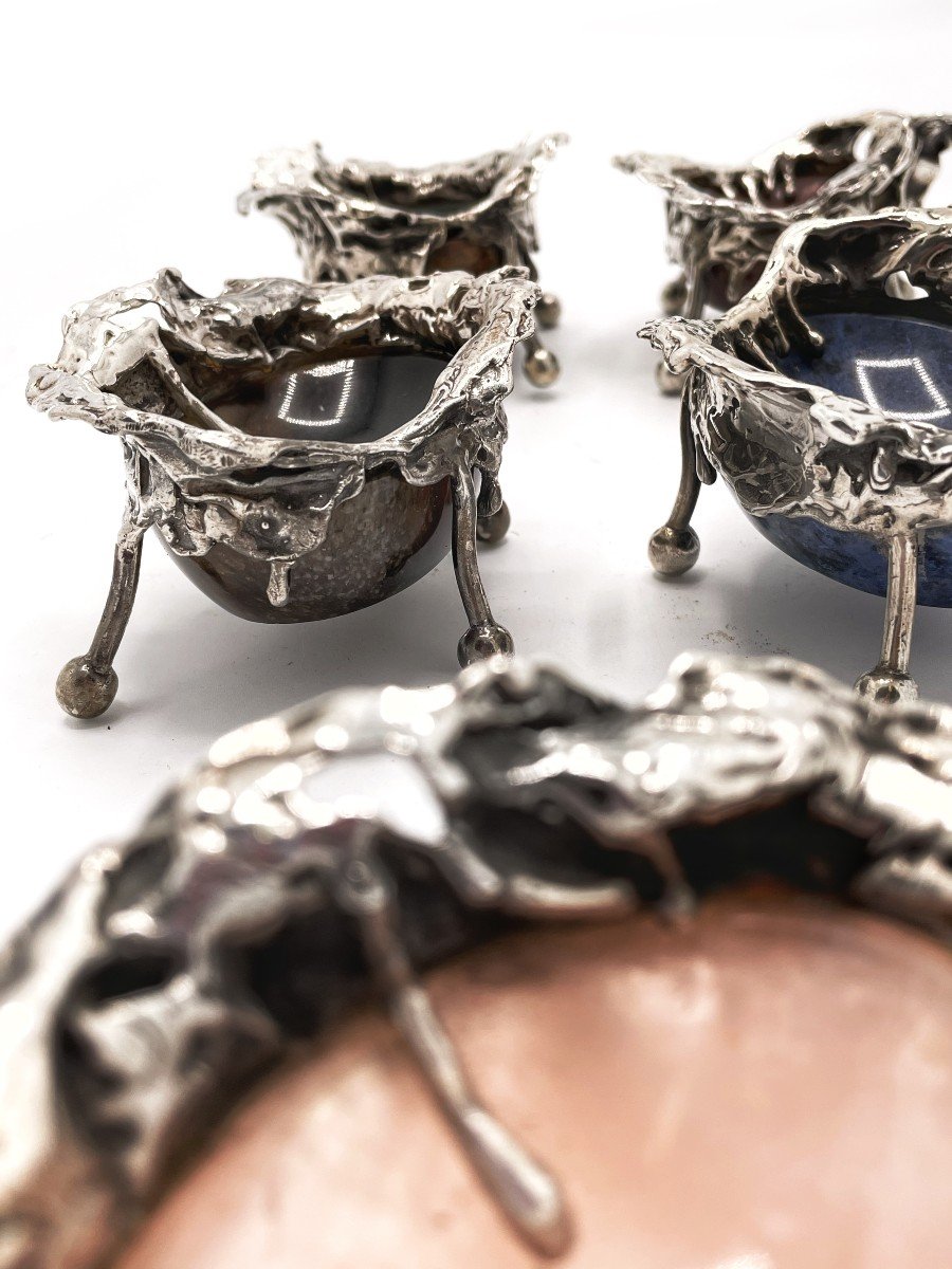 Superbe ensemble de 5 salerons et poivrières en argent 950/1000  et pierres fines-photo-7