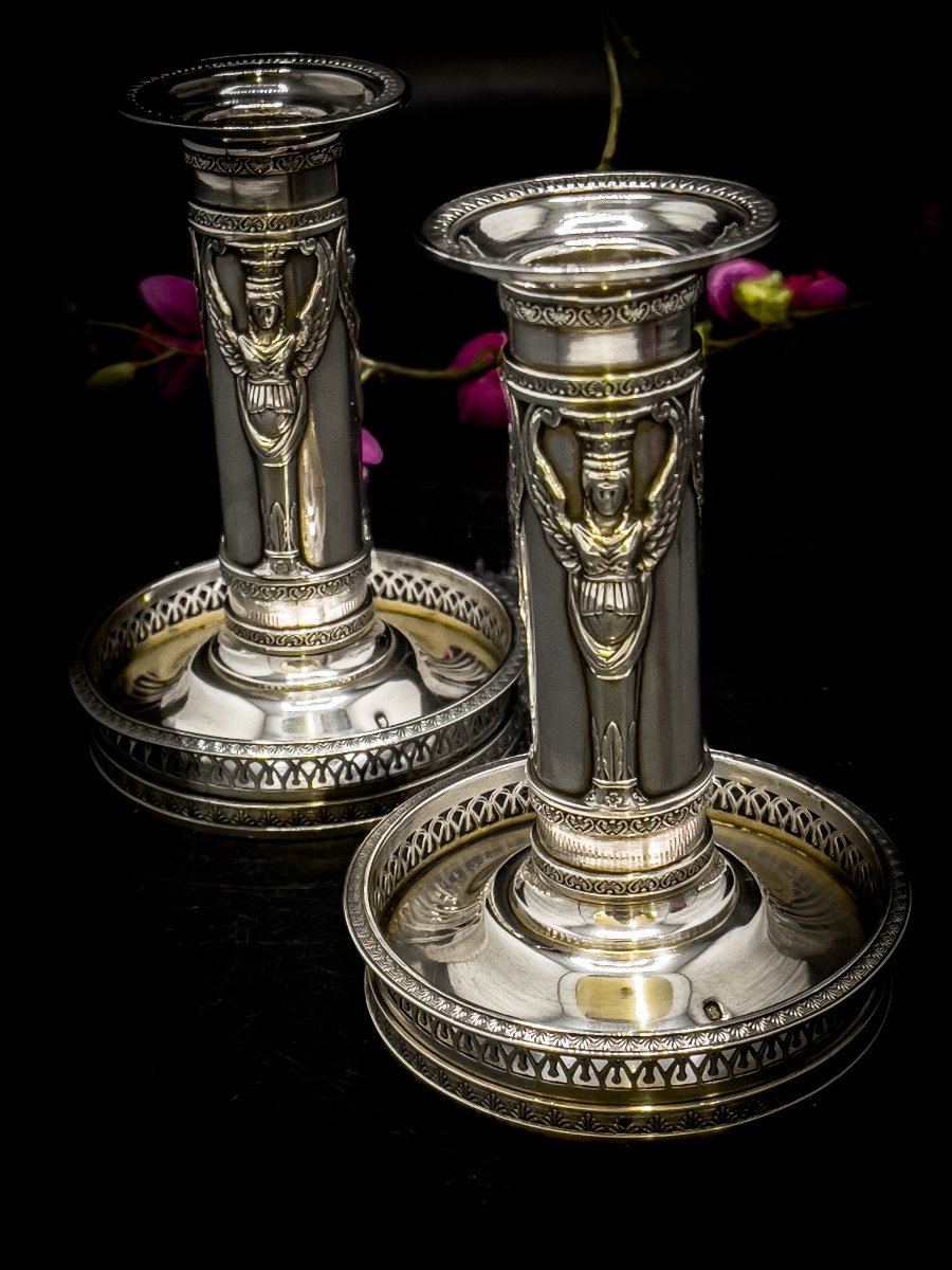 Petite Paire De Bougeoirs D’officiers En Argent Massif 950/1000-photo-3