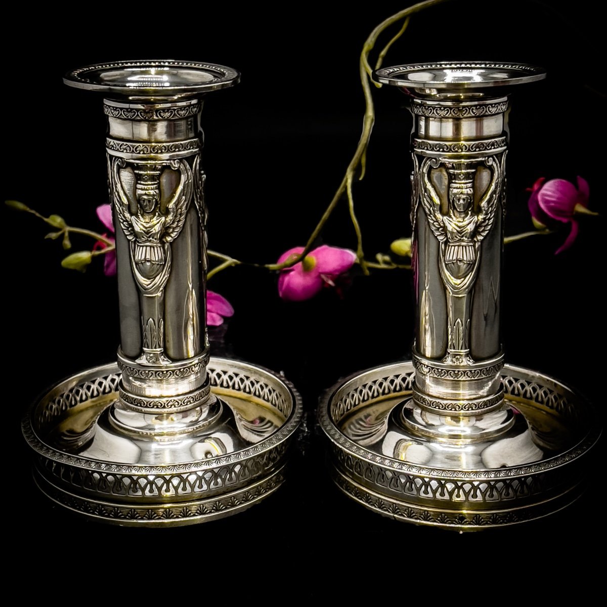 Petite Paire De Bougeoirs D’officiers En Argent Massif 950/1000