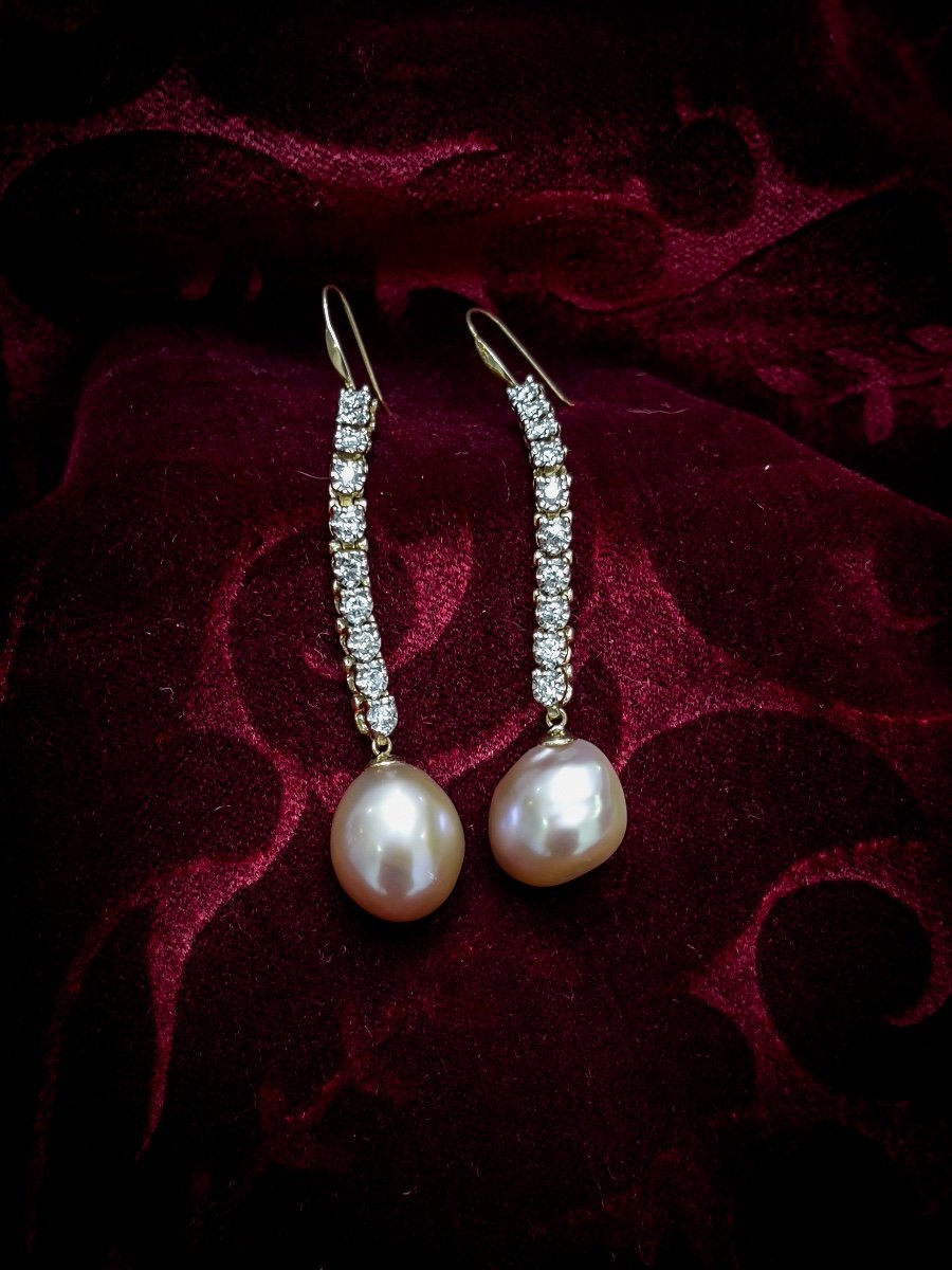 Paire De Pendants D’oreilles En Or Diamants Et Perles Baroque-photo-2