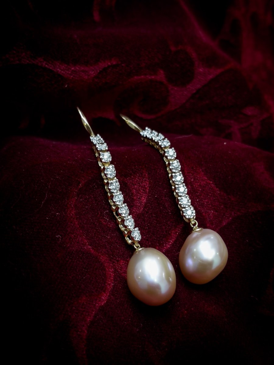 Paire De Pendants D’oreilles En Or Diamants Et Perles Baroque-photo-3