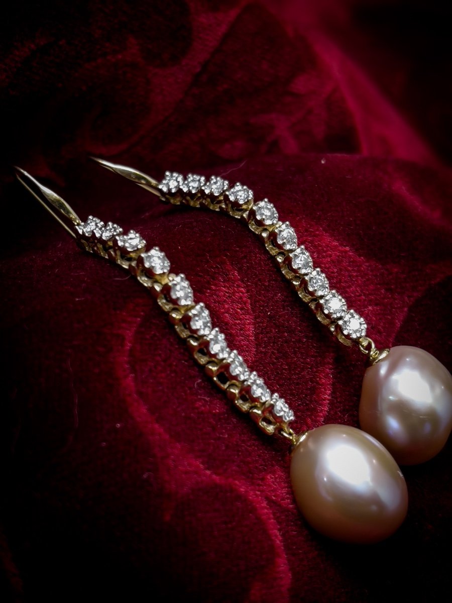 Paire De Pendants D’oreilles En Or Diamants Et Perles Baroque-photo-4