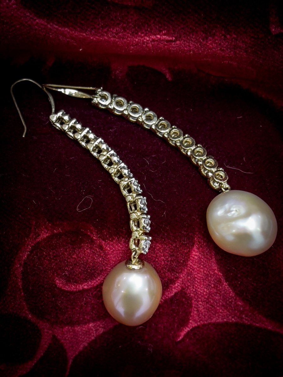 Paire De Pendants D’oreilles En Or Diamants Et Perles Baroque-photo-1