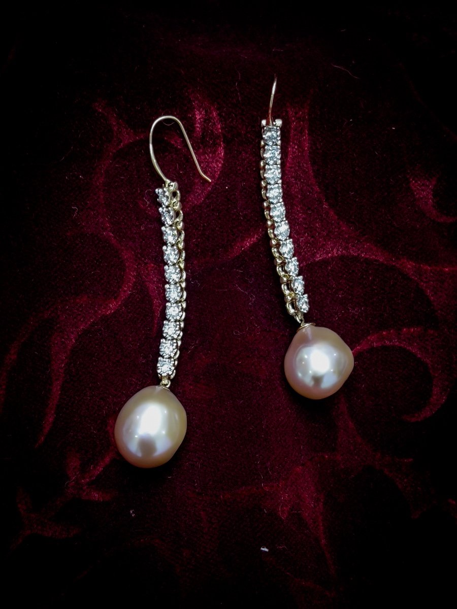 Paire De Pendants D’oreilles En Or Diamants Et Perles Baroque-photo-2