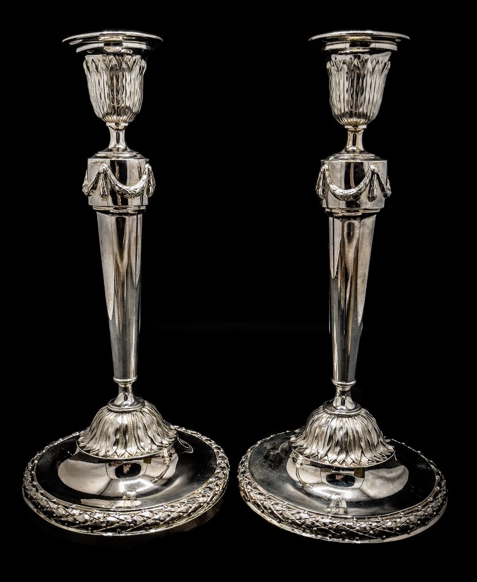 Pair Of 18th Candlesticks In Sterling Silver