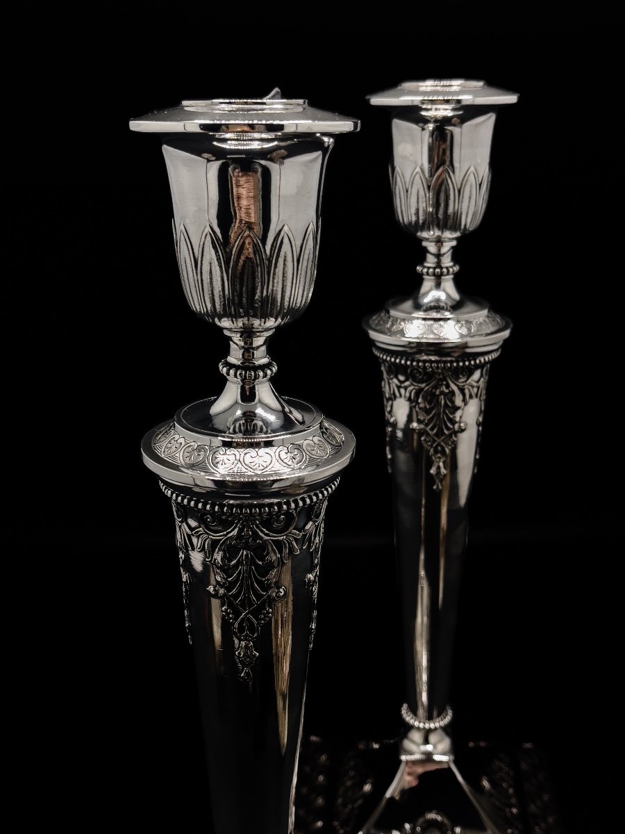 Large Pair Of Candlesticks In Sterling Silver-photo-4