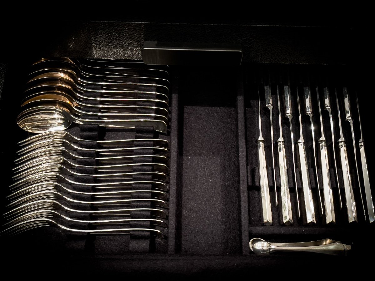 Art Deco Sterling Silver Cutlery Set By La Maison Delheid-photo-3