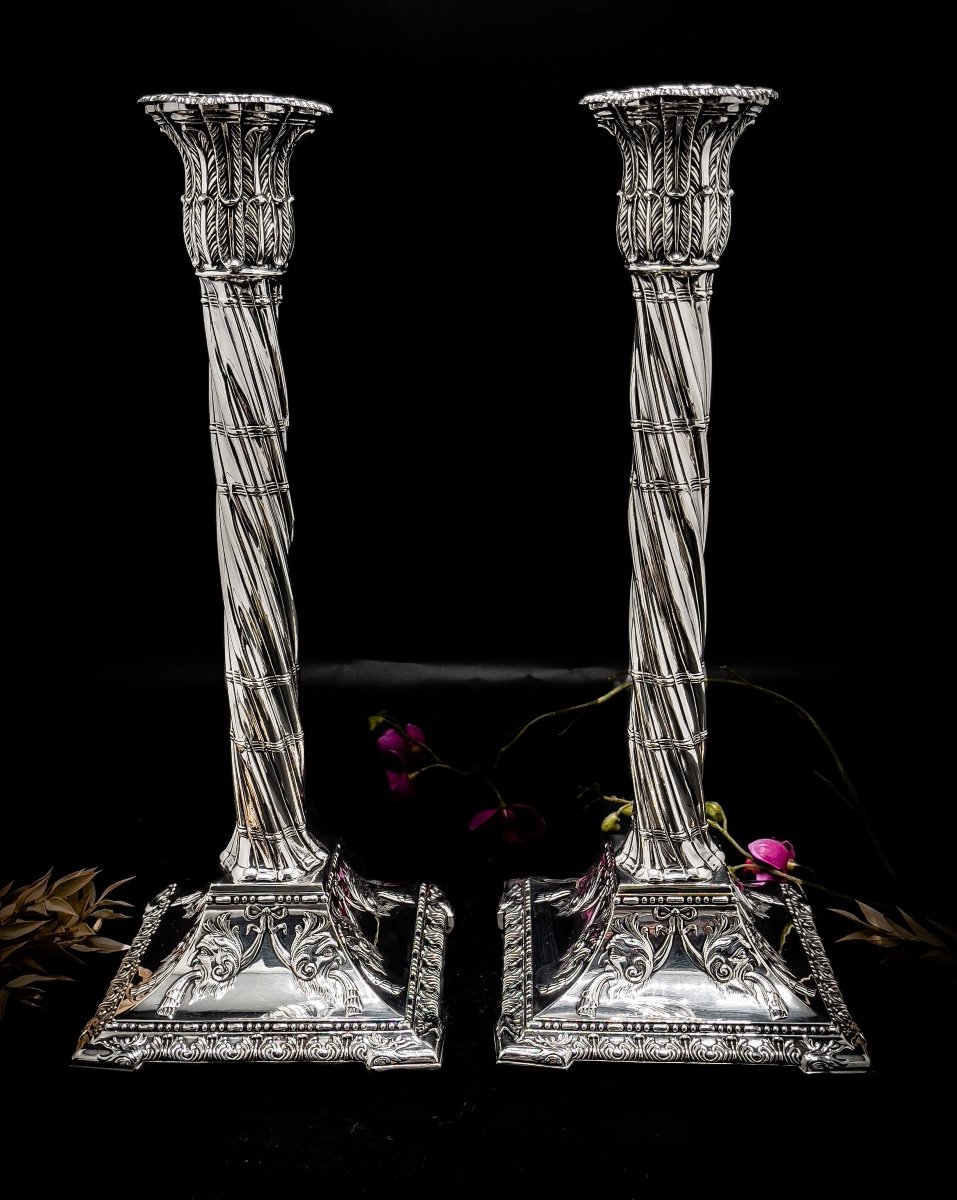 Pair Of Silver Candlesticks Decorated With Grotesques