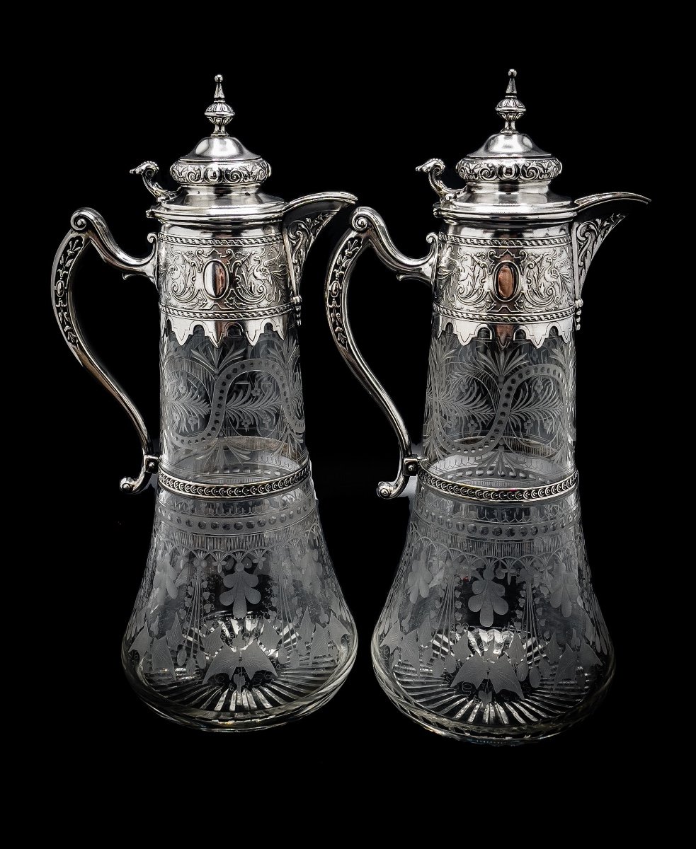 Pair Of Crystal And Sterling Silver Decanters