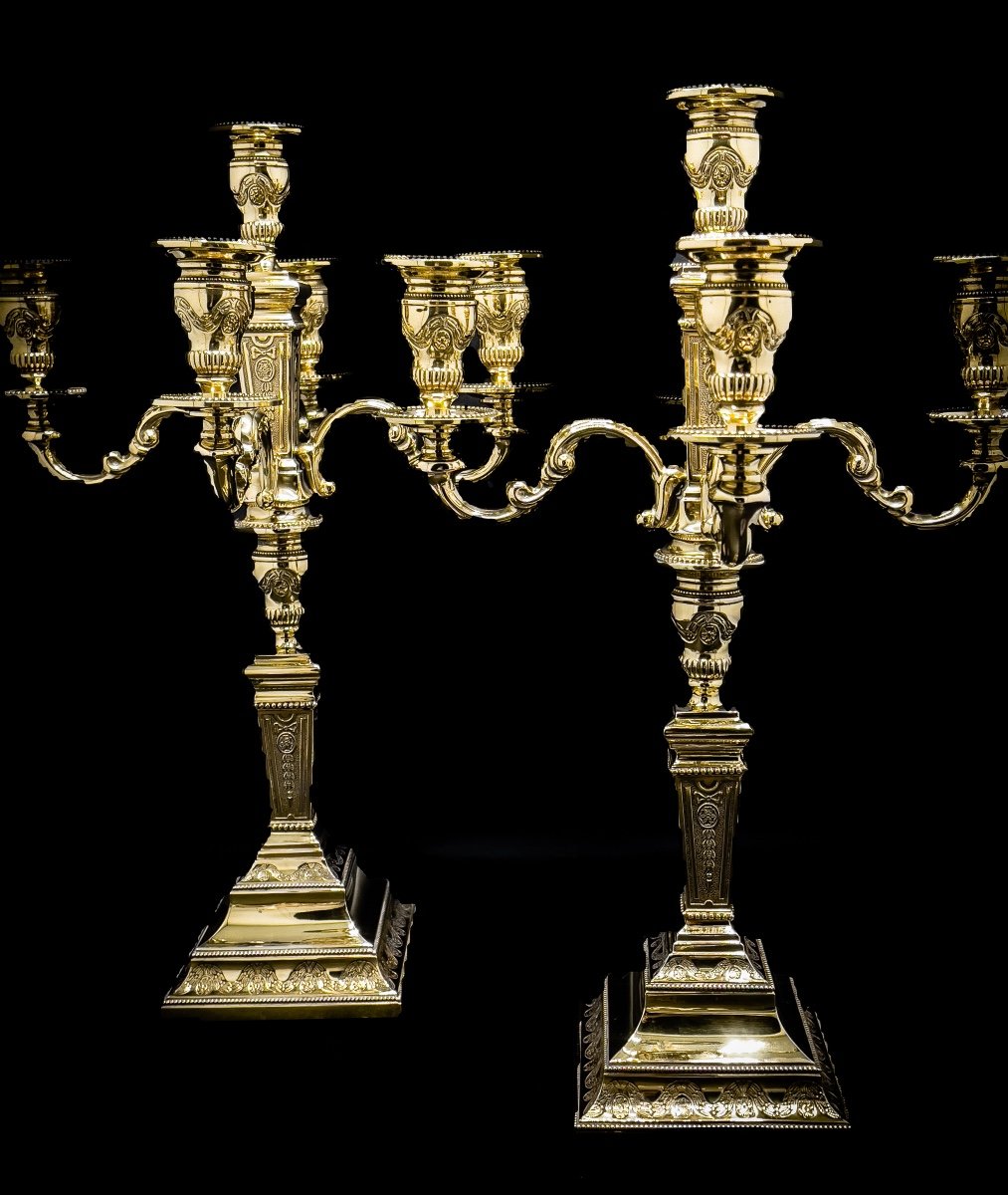 Paire Candélabres De Style Louis XVI En Argent Vermeil