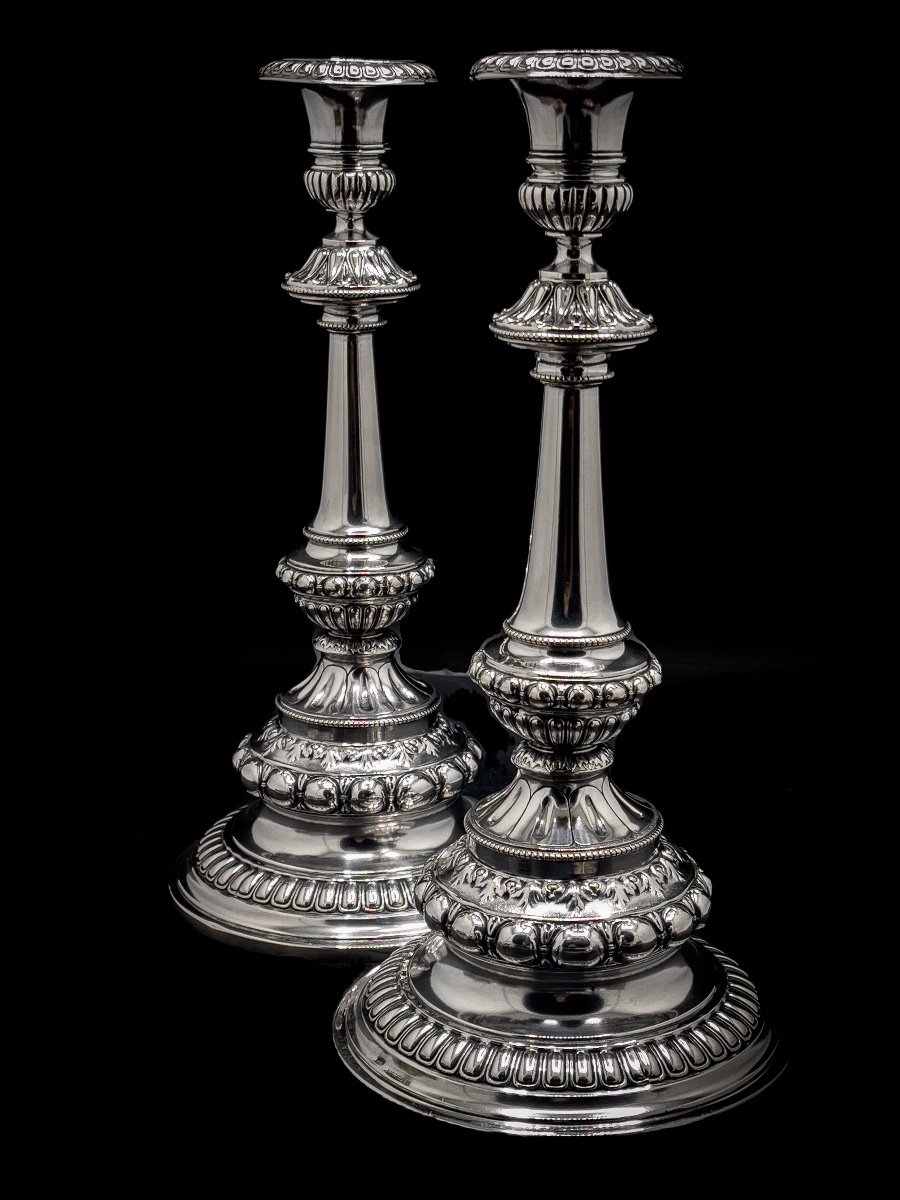 Pair Of Napoleon III Candlestick In 800/1000 Sterling Silver-photo-4