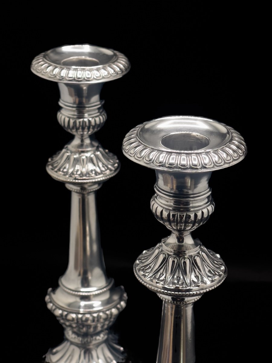 Pair Of Napoleon III Candlestick In 800/1000 Sterling Silver-photo-1