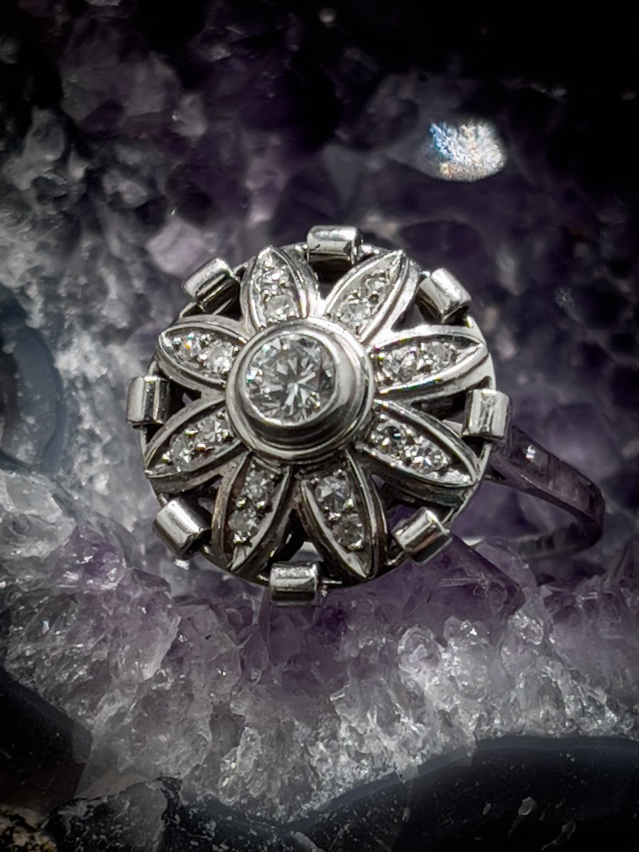 Bague Art Deco En Platine Sertie De Diamants Taille Ancienne-photo-2