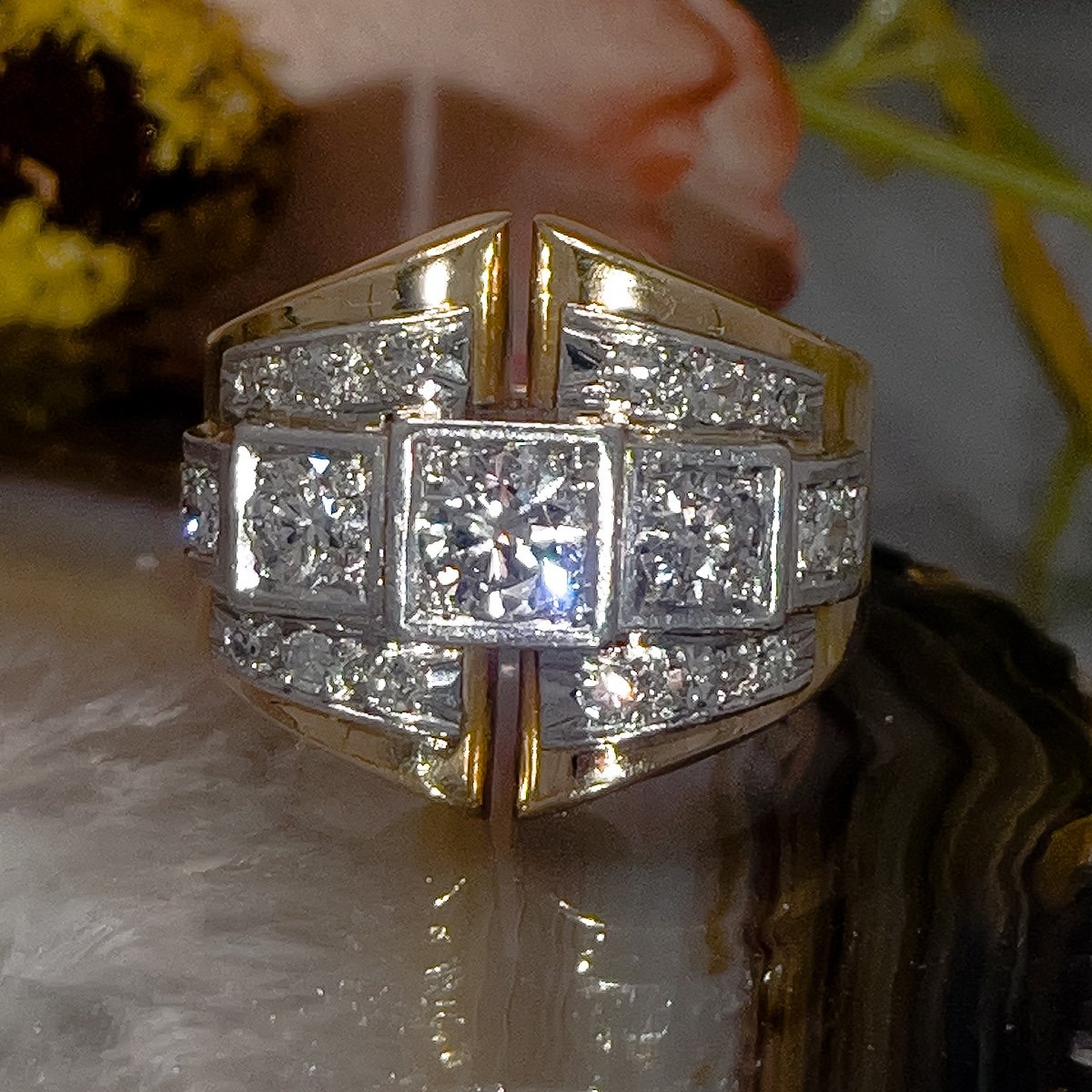 Art-deco “tank” Ring In 18 Kt Gold And Diamonds