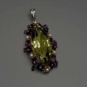 PRASIOLITE de 80 carats , grand Pendentif Clip De Type «tutti Frutti» Monture En Or 18 K