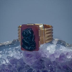 Bague Or 18 K Sertie D’une D’un Camée Agate Au Profil D’henri Iv