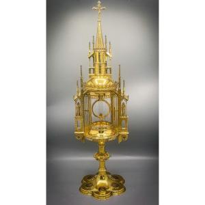 Splendid Neogothic Monstrance In Silver Vermeil