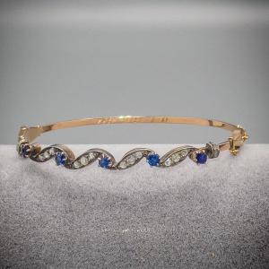 Bracelet Belle époque En Or 18 K Et Argent Sertie De Diamants Taille Rose Et De Saphirs 