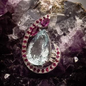 Pendant In 18 Carat White Gold Set With An Aquamarine, Ruby And Diamond