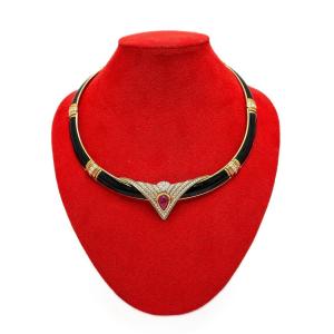 Holemans, Rigid Necklace In Enamelled 18 K Yellow Gold With Part In Platinum
