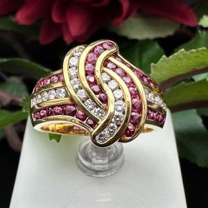 Bague Vintage En Or 18k, Sertie De Rubis Et Diamants