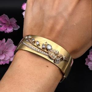 Bracelet Rigide Napoléon III En Or Jaune 18 Carats Sertie De Diamants Et Perles