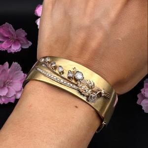 Bracelet Rigide Napoléon III En Or Jaune 18 Carats Sertie De Diamants Et Perles