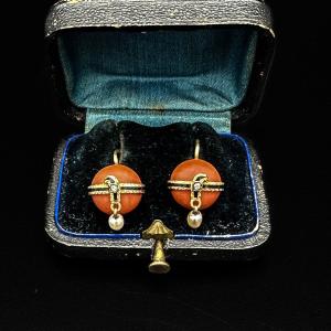 Boucles D’oreilles Corail Napoléon III En Or Jaune 18k