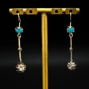 Napoleon III Pendant Earrings In 18k Yellow Gold, Diamonds And Turquoise