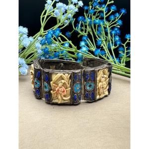 Chinese Bracelet In Silver, Enamel And Ivory