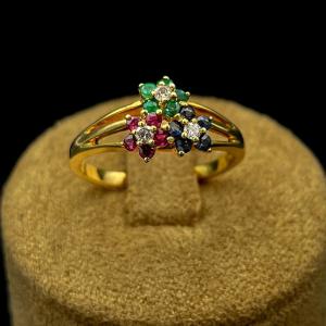 Tricolor Sapphires, Ruby, Emerald And Diamond Ring