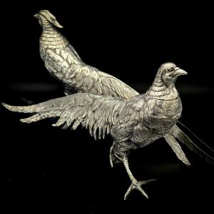 Pair Of Couple Of Pheasants In Sterling Silver