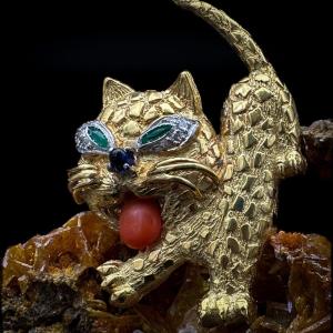 Vintage Panther Brooch, Gold Set With Diamonds, Emeralds, Sapphire And Coral.