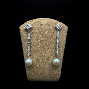 Pair Of Platinum Diamond Series Pendant Earrings, Enhanced With Cultured Pearls. 