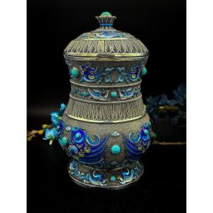 China Republic 1930 “tea Caddy” In Silver Vermeil, Enamelled And Set With Stones