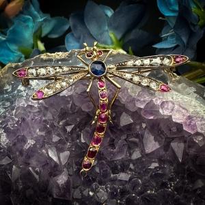 Belle Epoque Gold And Silver Dragonfly Brooch, Set With Rose Cut Diamonds, Sapphires And Rubies