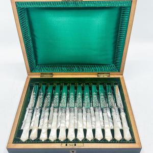 Set Of Fish Cutlery For 12 People Sterling Silver And Mother-of-pearl Handles 