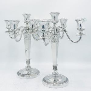 Pair Of Candelabras In 900/1000 Sterling Silver By Goldsmith Sauvage In Ghent