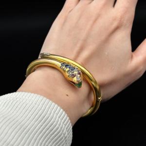 Belle Epoque “snake” Bangle Bracelet Gold, Diamond, Sapphires, Emeralds 