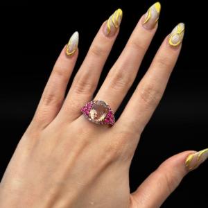 Morganite Cocktail Ring Paved With Ruby And Diamonds
