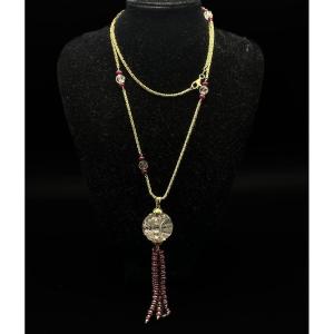 Vintage “chinese” 18k Gold Necklace Ruby, Rock Crystal