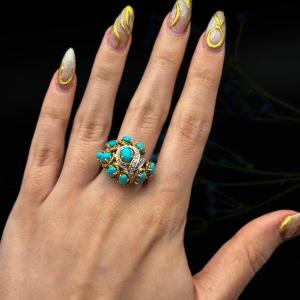 18 K Gold Ring Turquoises And Diamonds 1950s 