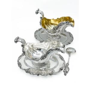 Pair Of German Sauce Boats In 800 Thousandths Sterling Silver On A Fixed Tray, Maison Brückmeye