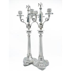 Pair Of Dutch Candelabras In 934 Sterling Silver, Amsterdam, 1838 - Stellingwerff