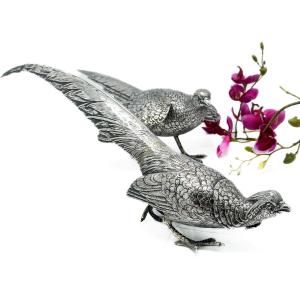 Pair Of Pheasants In 835 Sterling Silver, Belgium, Early 20th Century  