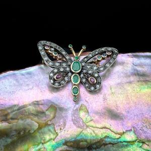 18-carat Gold Butterfly Brooch With Emeralds, Rose-cut Diamonds, Rubies, And Sapphires, Circa 1920  