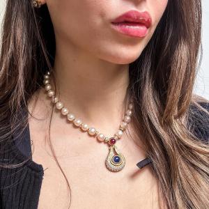 Vintage Necklace In 18 Carat Gold, Cultured Pearls, Sapphire, Ruby And Diamonds – Belgian Work, 