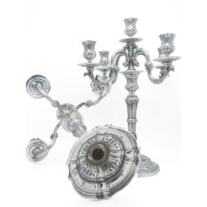 Grande paire de candélabres à cinq feux en argent massif – Delheid, Bruxelles, vers 1880  