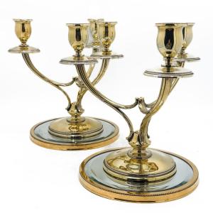 1. Title Wolfers, Silversmith – Pair Of Three-arm Vermeil Candelabra, “perle” Model, On Silver 