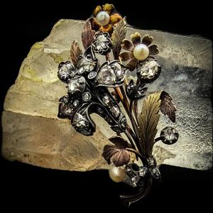 Napoleon III Brooch In 18-carat Gold And Silver, Floral Bouquet Set With Rose-cut Diamonds